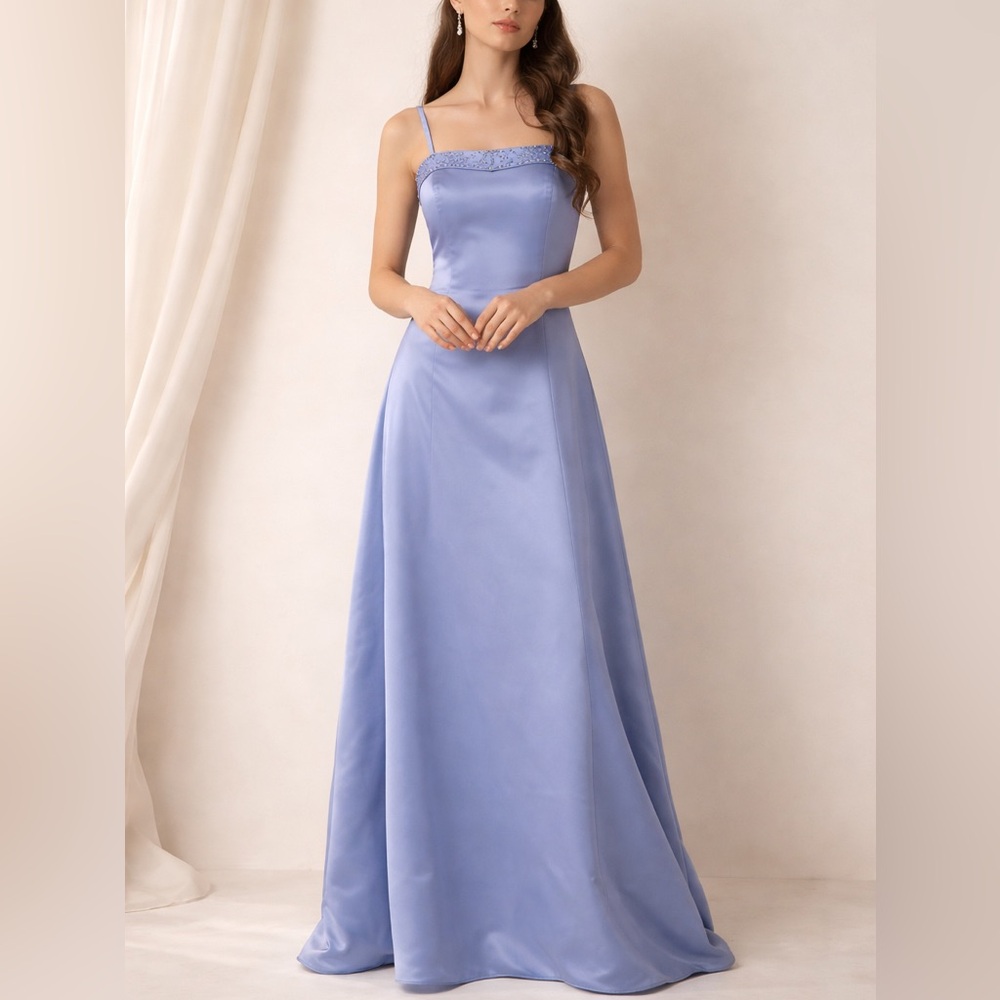 Vintage Nina Caracci Periwinkle Dusty Blue Beaded Satin Formal Evening Gown